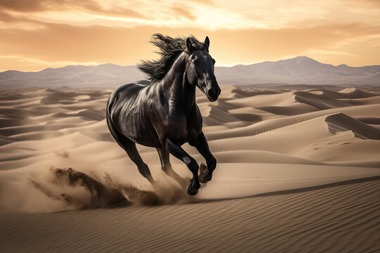 A beautiful black horse gallops through the mystical desert. Generative AI