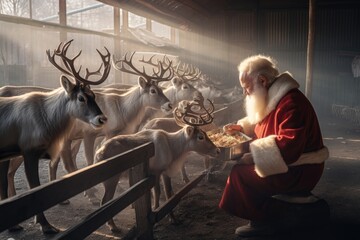 Fototapeta na wymiar santa claus feeding his reindeer - Illustration created with generative ai
