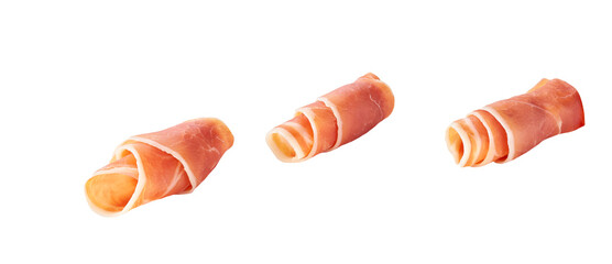 Jamon, Prosciutto, Speck, Dry Cured Meat or Ham slice, rolled up isolated on white background.