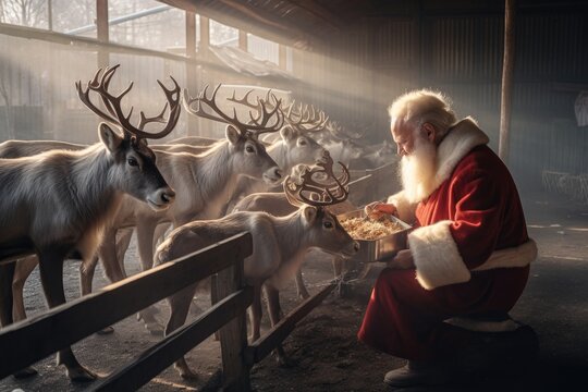 santa claus feeding his reindeer - Illustration created with generative ai
