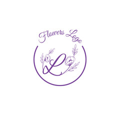Initial L Letter Logo Vector Graphic Design with floral accents inside a purple circle