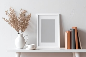 Minimalist Workspace: Coffee, Books, and Vertical Picture Frame Mockup