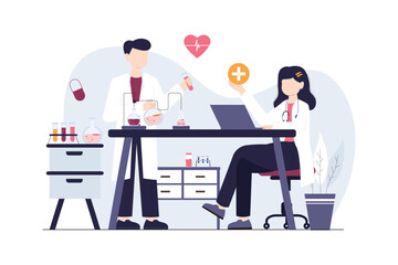 Pharmacy team in Laboratory. Medical Health Care Service Vector Illustration