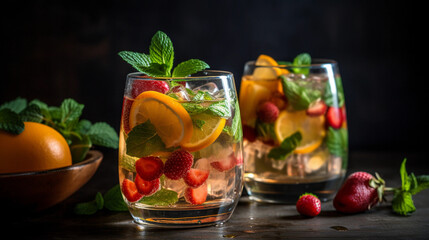 Fototapeta premium A glass filled with a refreshing fruit-infused water, garnished with mint leaves