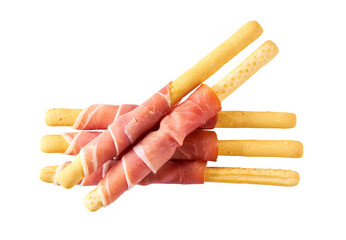 italian stick bread grissini with parma ham prosciutto, traditional breadsticks with prosciutto isolated on white background  top view.