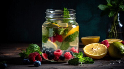 A glass filled with a refreshing fruit-infused water, garnished with mint leaves