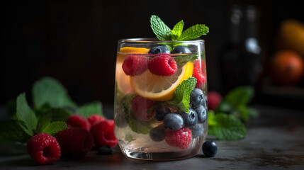 A glass filled with a refreshing fruit-infused water, garnished with mint leaves