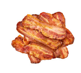 pile of fried bacon strips isolated on white background.