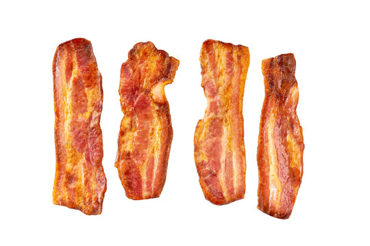 fried bacon rashers isolated on white background. Crispy smokey fried bacon slice or strip.
