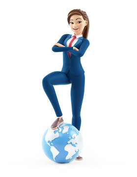3d cartoon businesswoman foot on the earth