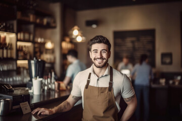 Fototapeta premium Portrait of a happy and smiling waiter, or small business owner in the coffee shop. 