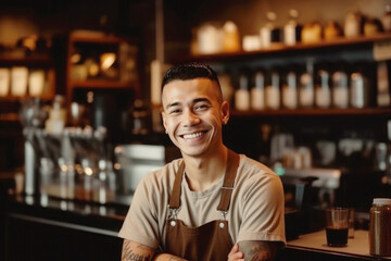 Portrait of a happy and smiling waiter, or small business owner in the coffee shop.  