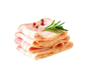 Slices smoked bacon and rosemary isolated on white background.