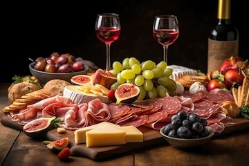 Italian antipasti wine snacks set. Cheese variety, Mediterranean olives, pickles, Prosciutto di Parma with melon, salami | Generative AI 