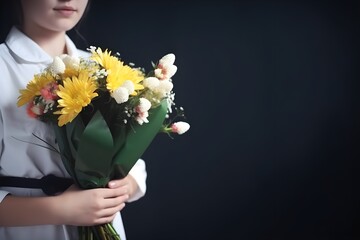 Teacher day concept, woman hands with flower bouquet, ai generated