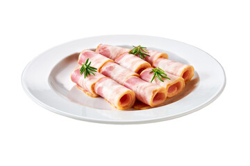 Rolls of smoked bacon and rosemary in a white plate isolated on white background.