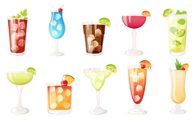 Popular alcoholic cocktail set. Bloody Mary, blue lagoon, Cuba libre, cosmopolitan, mojito, daiquiri, mai tai, margarita, tequila sunrise, Pina colada.