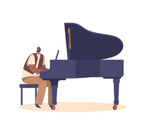Pianist Male Character Playing Jazz Musical Composition on Grand Piano for Performance on Stage, Cartoon Illustration