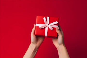 Hands with small christmas gift box on red background, ai generated
