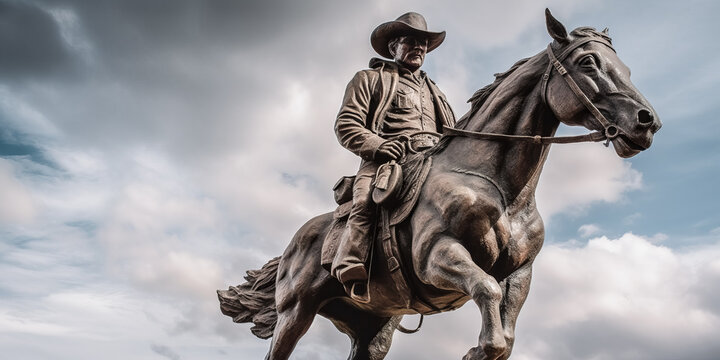 A sculpture of a cowboy stands atop a granite pedestal in the center of a field - generative ai |
