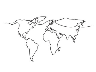 One line world map. Outline Illustration on transparent background