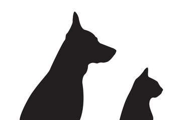 Dog and cat profile black silhouettes. Pets shadow side view. Illustration on transparent background