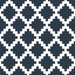 Seamless Aztec ethnic bohemian pattern with geometric rhombus shapes in white color on dark blue background - 612410939