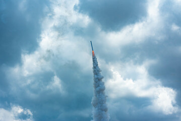 Rocket is sent into the sky at Mae Poen rocket festival in Nakhon Sawan, Thailand