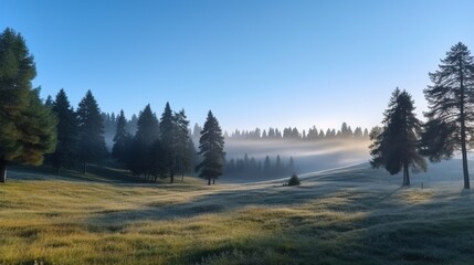 Obraz premium Rays of the morning sun breaking through the clouds and fog to the clearing of coniferous forests. Generative ai.