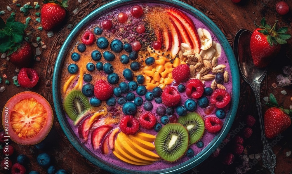 Poster  a bowl filled with fruit and nuts on top of a table.  generative ai