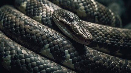  a close up of a snake on a black background with a blurry background.  generative ai