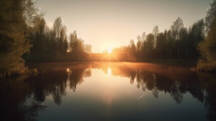  the sun is setting over a lake with trees in the background. generative ai