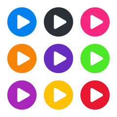 Colorful play button in circle vector icon set in flat style design for website, app, ui, isolated on white background. Vector illustration.