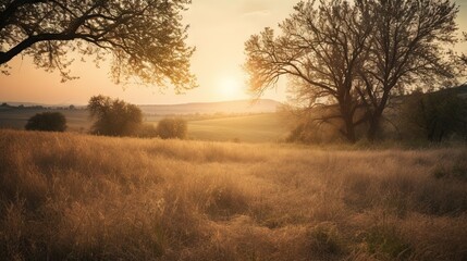 Fototapeta na wymiar the sun is setting over a field of grass and trees. generative ai