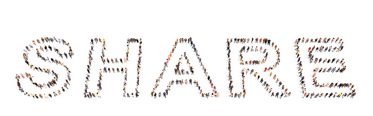 Concept conceptual large community of people forming the word SHARE. 3d illustration metaphor for online, network, social media, communication and connection, business, community and global