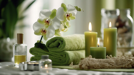 Green spa or wellness background with towels, candle, orchid flowers and accessories on white desk