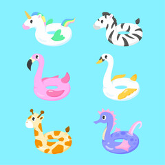 Cartoon animal shaped inflatable kids swimming ring. Summer swimming pool toys vector illustration set. Cute unicorn, zebra, flamingo, swan, giraffe, sea horse floating rubber.