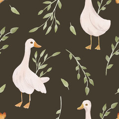 Watercolor seamless pattern with floral cute goose