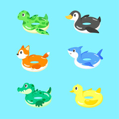 Cartoon animal shaped inflatable kids swimming ring. Summer swimming pool toys vector illustration set. Cute turtle, penguin, fox, shark, crocodile, duck floating rubber.
