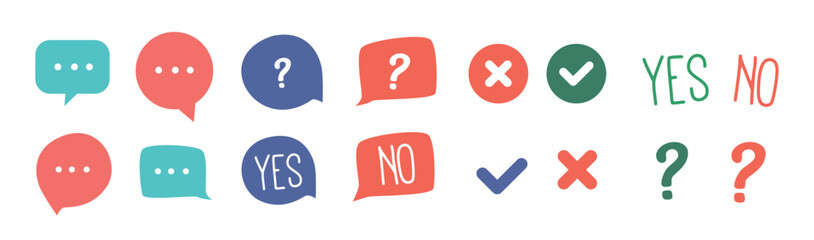 Collection Of Icons Representing Yes And No Symbols. Check And Cross Signs Or Marks, Speech Bubbles, Vector Illustration