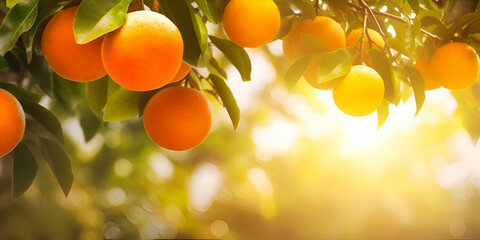 Tangerines fruits on a branch. Oranges on the branches in bright sunlight in the summer garden. Mandarin tree close-up. Banner with copy space. Generative AI