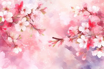 Naklejka na ściany i meble Experience Japan's Ephemeral Beauty: Pink Sakura Cherry Blossom Watercolor Illustration Background, Generative AI