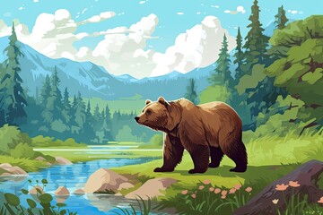 Majesty of Nature: A Brown Bear Standing By a River in the Forest Wilds, Generative AI