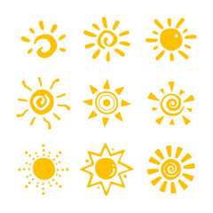 Flat yellow sun icons collection. Cartoon summer design vector illustration element.