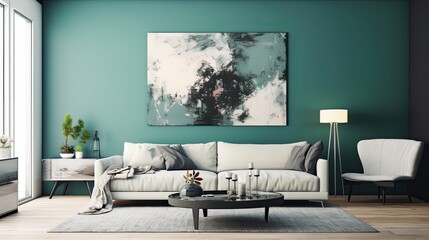 Modern Interior Design: Generative Painting Enhances Sleek White Furniture in Luxury Apartment Living Room, Generative AI