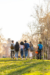 Back view of a row of young multi-ethnic students walking together in the park