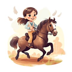 Little Girl Taking an Exciting Horseback Ride - An Illustrative Cartoon Showing the Joy of Equestrian Adventure. Generative AI