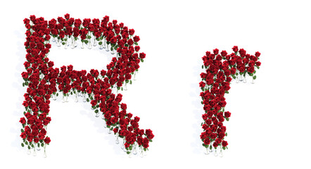 Concept or conceptual set of beautiful blooming red roses bouquets forming the font R. 3d illustration metaphor for education, design and decoration, romance and love, nature, spring or summer.