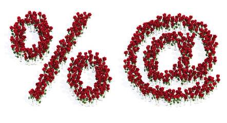 Concept or conceptual set of beautiful blooming red roses bouquets forming the % and @ signs. 3d illustration metaphor for education, design and decoration, romance and love, nature, spring or summer.