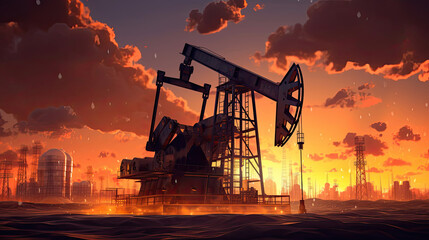 Oil field site, in the evening, oil pumps are running, Generative AI